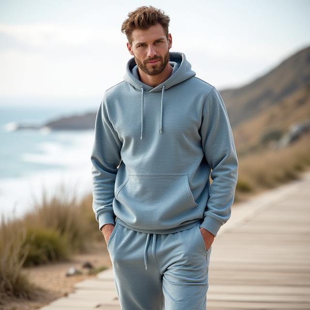 A man in a casual hoodie and joggers from Coastline Athletics walking along a boardwalk.