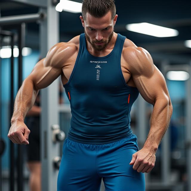A man wearing performance shorts and a tank top during a gym workout.