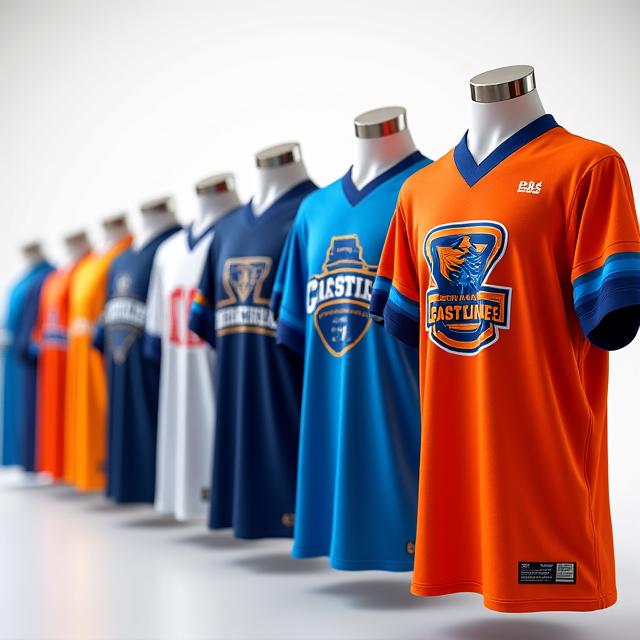 A lineup of custom-designed sports jerseys with the Coastline Athletics logo.