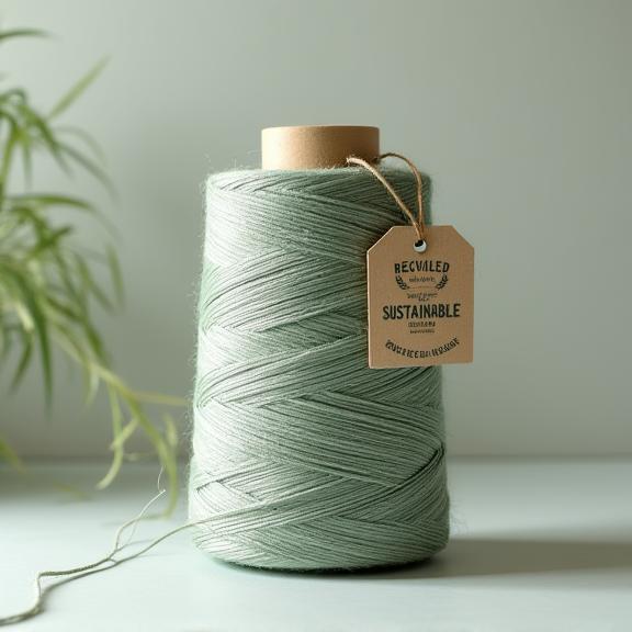 A large spool of thread made from recycled materials, with a tag indicating its sustainable origin.